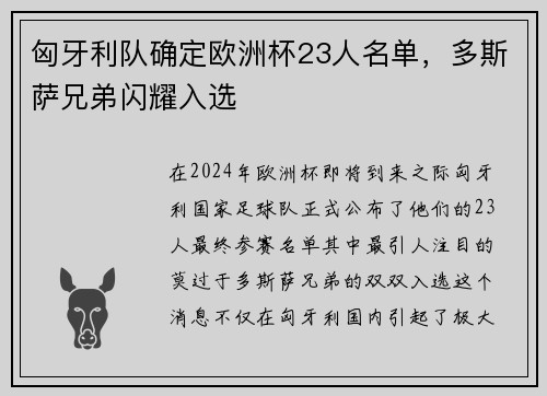 匈牙利队确定欧洲杯23人名单，多斯萨兄弟闪耀入选